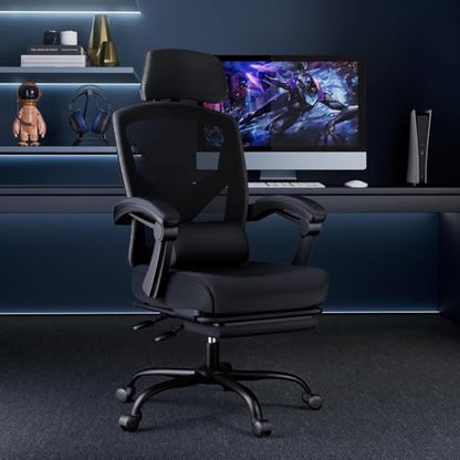 Simple Deluxe Home Office Desk Chair with Footrest, High-Back Mesh Rolling Swivel Reclining Chairs with Wheels, Comfortable Headrest, Lumbar Support, Comfy Arms - color: Black