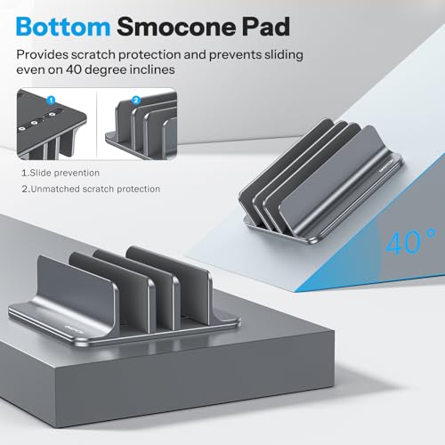OMOTON 3-Slot Multiple Vertical Laptop Stand, Fits All MacBook, Grey | Adjustable Width 0-1.38", Aluminum Office Space-Saving for Desk, Fits MacBook/Book/iPad Up to 17.3in - color: Three Slots-Grey