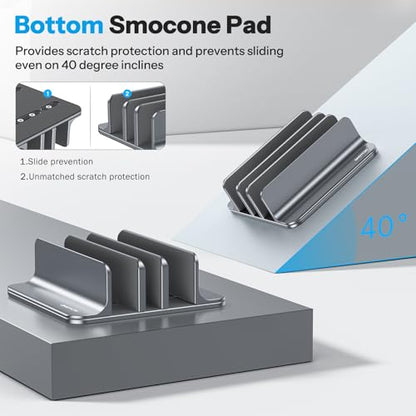OMOTON 3-Slot Multiple Vertical Laptop Stand, Fits All MacBook, Grey | Adjustable Width 0-1.38", Aluminum Office Space-Saving for Desk, Fits MacBook/Book/iPad Up to 17.3in - color: Three Slots-Grey