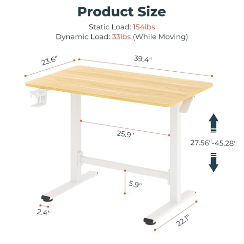 40''Pneumatic Standing Desk,Onepiece Adjustable Height Home Office | Maple 39.4" x 23.6" Home Desk Rolling Computer Workstation with Hooks & Cup Holder,Hidden Casters - color: Maple, size: 4024