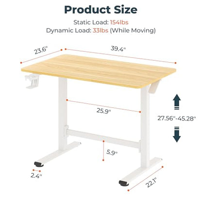 40''Pneumatic Standing Desk,Onepiece Adjustable Height Home Office | Maple 39.4" x 23.6" Home Desk Rolling Computer Workstation with Hooks & Cup Holder,Hidden Casters - color: Maple, size: 4024