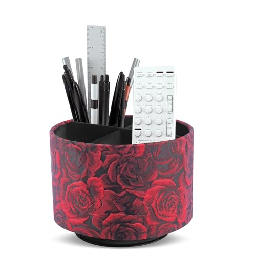 Round Leather Art Supply Organizer,Remote Control Holder,360 Degree Rotating,Multi-Functional Pencil Holder,4 Compartments Desktop Stationary Organizer(1-3D Rose Red) - color: 1-3D Rose Red