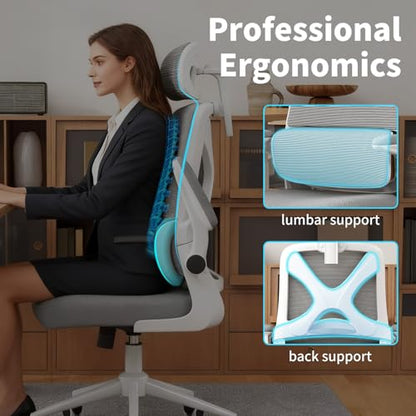 Ergonomic Office Chair - Desk Chair with Adjustable Headrest Lumbar Support Computer Chair - Mesh Comfy Chair with Flip-up Armrests - Gaming Chairs for Adults Home Office (White+Gray) - color: White+gray