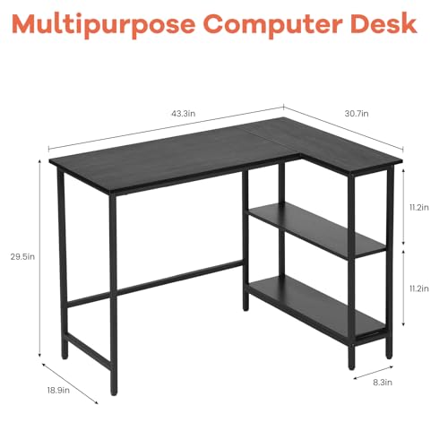 BLKMTY L-Shaped Computer Desk with Storage Shelves, 43" Home Office Corner Desk for Small Spaces, Reversible Study Writing Table Workstation, Black - size: 43 Inches