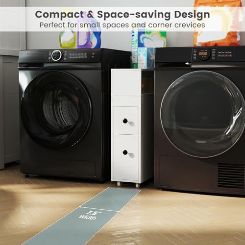 Tangkula Slim Bathroom Storage Cabinet, Movable Narrow Toilet Side Cabinet w/2 Slide Out Drawers, 2 Rattan Baskets & Shelves, Toilet Paper Holder on Wheels for Small Spaces