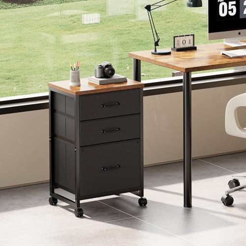 Maihail 3 Drawer File Cabinet with Wheels with Open Storage Shelf, Rustic Brown - color: Rustic Brown