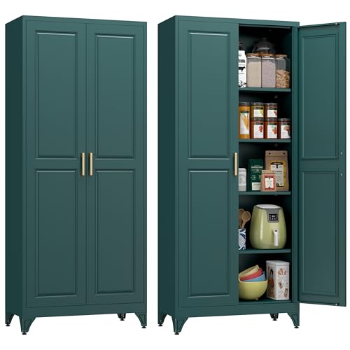 Polup 75" Pantry Cabinet, Tall Metal Storage Cabinet with Doors and Shelves | Green Kitchen Cabinet, 5 Adjustable Shelving, Heavy-Duty Steel, Gold Handles, 4 Standing Feet, for Garage Office & Laundry - color: Green, size: 75"H