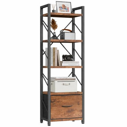 Shintenchi Bookshelf, 5 Tier Bookcase with Drawer, Modern Tall Bookshelves Storage Organizer, Industrial Book Shelves for Bedroom, Living Room, Office, Rustic Brown - size: 15.5'' W x 10.7'' D x 56.1'' H-1 Drawer