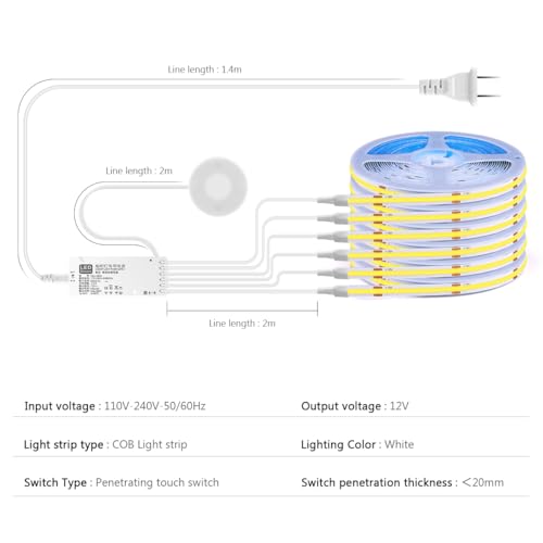 12V COB LED Strip Lights Kit 3.3Ft 6-in-1 Self-Adhesive with 36W Adapter - color: White, size: 3.3Ft