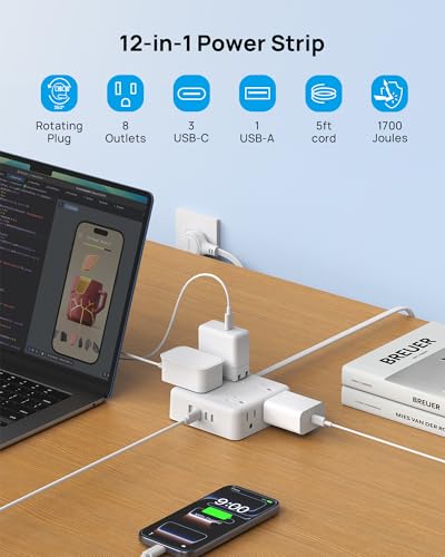 TROND 360° Rotating Flat Plug Power Strip 5ft, 8 AC & 4 USB (3C1U), White - color: White, size: 5FT, style: Rotating Plug-3C1U