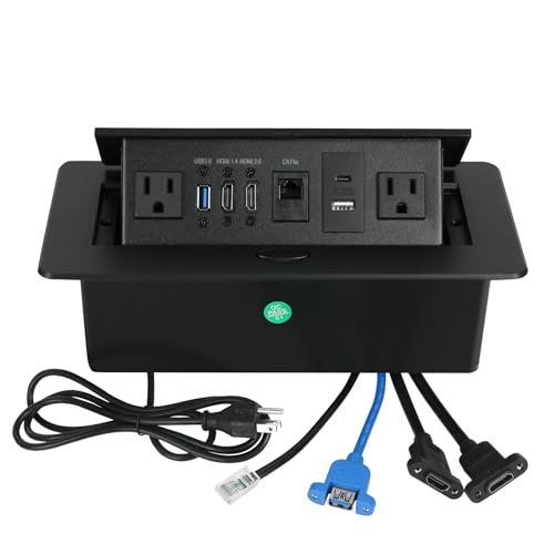 Table Pop Up Outlet, Desktop Pop Up Socket Center Countertop Socket Multimedia Strip Socket Connection Box Countertop with USB 3.0/2×AC/2×HDMI/USB-A/USB-C/LAN for Conference Desk Office (Black-3) - style: Black-3