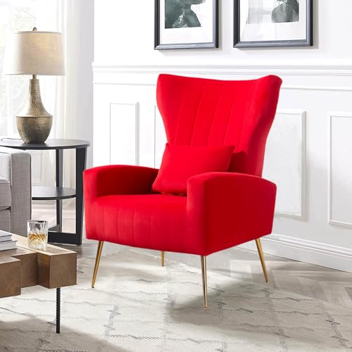 Velvet Accent Arm Chair, Mid-Century Modern Living Room Chair, Wingback Bedroom Side Chair with Gold Legs & Pillow, Button-Tufted, Red - color: Red, size: 2PCS with Channel Tufted