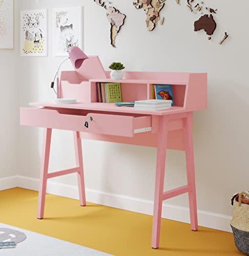 Modern Designs Roma Small Desk for Bedroom, 40 inch Pink Writing Desk with Hutch and Locking Drawer, by Crafts and Comfort - color: Pink, size: 40 Inch with Hutch