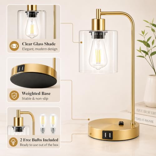Industrial Touch Control Table Lamps Set of 2 - Gold Nightstand Bedside Lamps with 2 USB Ports & AC Outlet, 3-Way Dimmable Desk Lamp for Bedroom Living Room, Glass Shade & 2 LED Bulbs Included - color: Gold(2 Pack) - Clear Glass-Touch Control