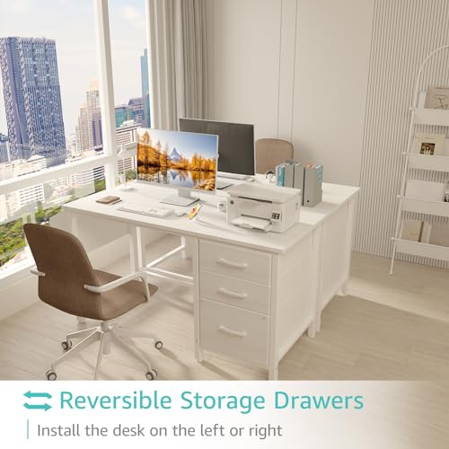 Lufeiya White Desk with File Drawers Cabinet, 47 Inch Reversible Computer Desk with Fabric Filing Cabinet for Bedroom Small Space Home Office, Modern Writing Table PC Desks, White - color: White, size: 46.6"