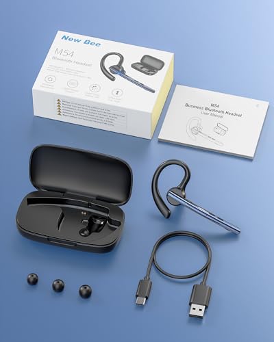New Bee Bluetooth Headset V5.1 72H Talk Time Dual Mic with Mute Button for Business, Wireless Hand-Free Bluetooth Earpiece with 500mAh Charging Case for Cell Phone Calls Trucker Driver Laptop - color: Blue