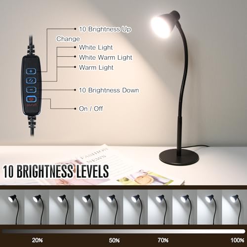 Small Dimmable Gooseneck LED Desk Lamp for Home Office, CRI 90+ Eye-Caring Reading Light, Adjustable Brightness, Perfect for Study Desk (Adapter Included)