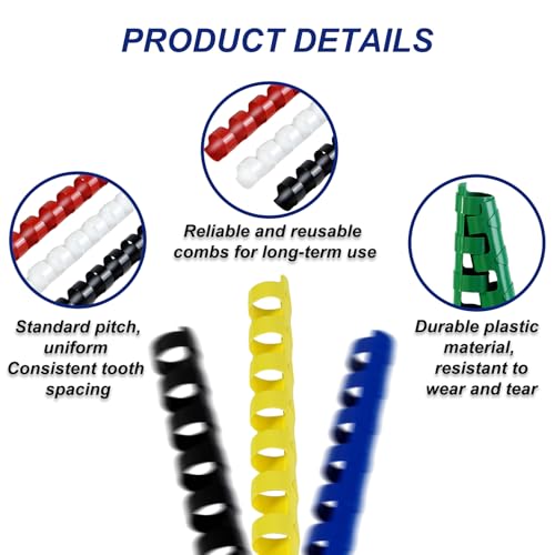 Rayson CR-10-100-M Plastic Binding Combs 3/8in. 21-Ring, 55-Sheet Capacity, Colorful Comb Binding Spines, Max. Binding A4 Size Paper (8.3"×11.7"), Box of 100 - size: 3/8", style: A4 - Available in 7 Vibrant Colors