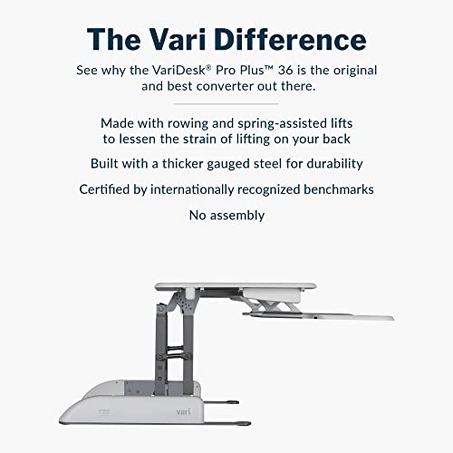 Vari Varidesk Pro Plus 36 Standing Desk Converter – 11 Height Settings + Spring Lift, 2 Tier Design, Keyboard Tray, Fits Desktops 36” Wide x 26.5" Deep – Delivers Fully Assembled (White) - color: White