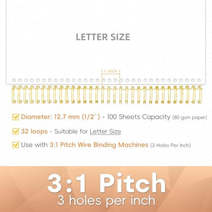 Rayson Wire Binding Spines, 1/2" 3:1 Pitch, 32-Loop Gold, 100 Pack | Binds up to 100 sheets; fits 3:1 pitch machines for reports, manuals and projects.