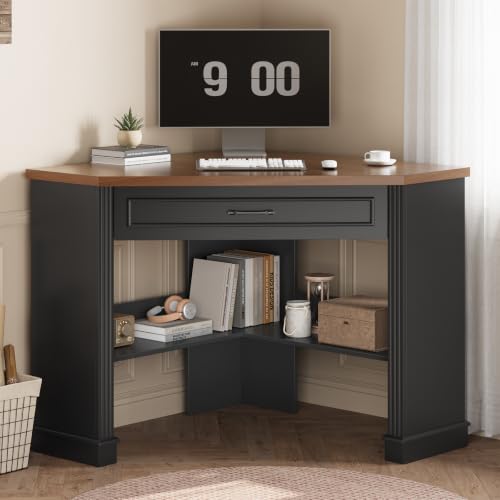 SEDETA Farmhouse Corner Desk for Small Space, White Small Computer Desk - color: Black and Brown, size: Triangular desk