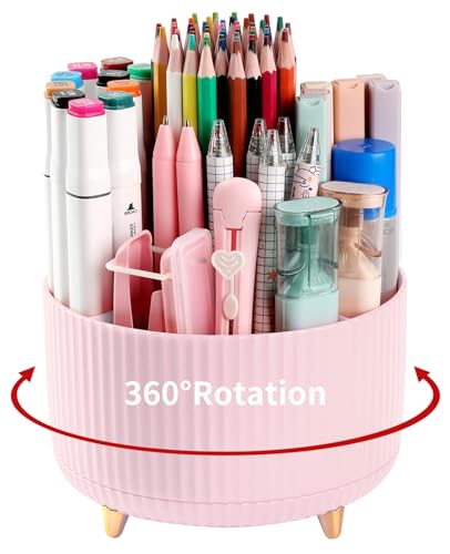 Desk Pencil Pen Holder, 5 Slots 360°Degree Rotating Organizers for Desk, Desktop Storage Stationery Supplies Organizer, Cute Cup Pot Office, School, Home, Art Supply, Pink - color: Pink