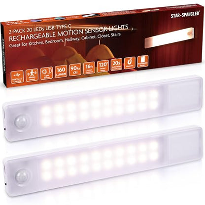 STAR-SPANGLED Under Cabinet Lighting Rechargeable, 8 inch Motion Sensor Lights Indoor Battery Operated, USB Stick on LED Magnetic Closet Light for Counter, Stairs, Kitchen, Warm White, 2 Pack - color: Warm White