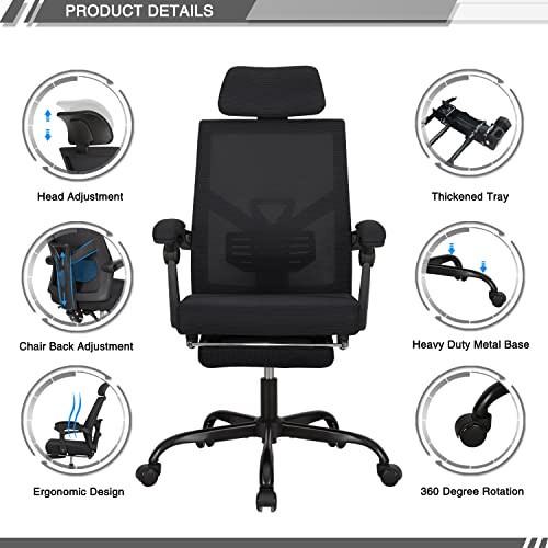 Qulomvs Mesh Ergonomic Office Chair with Footrest Home Office Desk Chair with Headrest and Backrest 90-135 Adjustable Computer Executive Desk Chair with Wheels 360 Swivel Task Chair - color: Black With Footrest