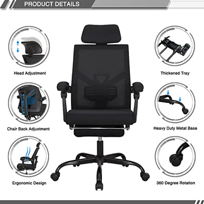 Qulomvs Mesh Ergonomic Office Chair with Footrest Home Office Desk Chair with Headrest and Backrest 90-135 Adjustable Computer Executive Desk Chair with Wheels 360 Swivel Task Chair - color: Black With Footrest
