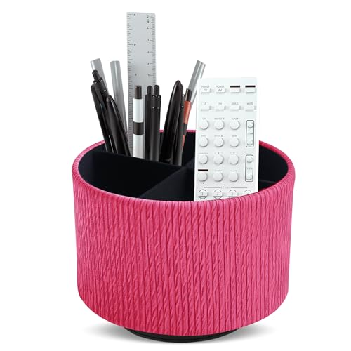 Round Leather Art Supply Organizer,Remote Control Holder,360 Degree Spinning,Multi-Functional Pencil Holder,4 Compartments Desktop Stationary Organizer(1-Vertical Wood Red) - color: 1-Vertical Wood Red