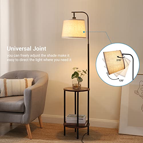 DEWENWILS Floor Lamp with Table, Wooden Nightstand, Farmhouse | Linen Lampshade, 13.18", ON/OFF Foot Switch, 2-in-1 Design, Sturdy Shelf for Living Room, Bedroom, Office Decor