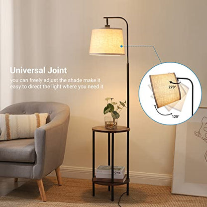 DEWENWILS Floor Lamp with Table, Wooden Nightstand, Farmhouse | Linen Lampshade, 13.18", ON/OFF Foot Switch, 2-in-1 Design, Sturdy Shelf for Living Room, Bedroom, Office Decor