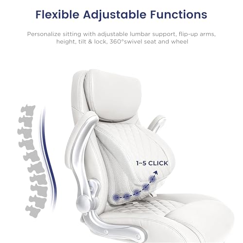 Nouhaus Ergonomic Office Chair Premium Leather Adjustable Lumbar Support & Armrests, High Back Comfy Desk Gaming Chairs Executive Computer Swivel Chair Tilt Function(Posture,White) - color: White