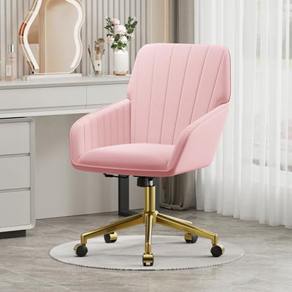 YITAI Velvet Office Desk Armchairs with Gold Base and Wheels,Modern Height Adjustable 360 Degree Swivel Upholstered Vanity Chairs for Living/Room Bedroom/Study,Pink - color: Gold Pink