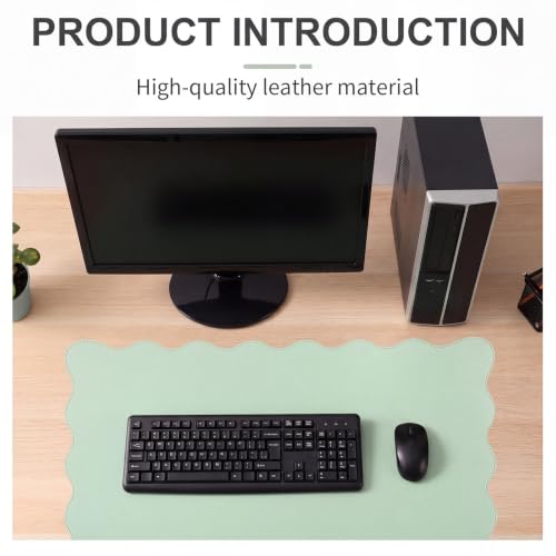 Tellegloww Scalloped Desk Mat Leather Desk Pad Protector Non-Slip PU Leather Table Protector Waterproof Mouse Pad Keyboard Mat Curly Mousepad PC Accessories Gift for Office Home (Sage Green)
