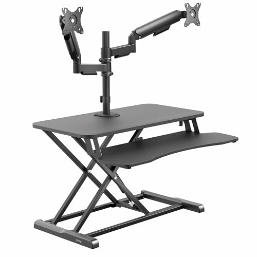 VIVO Black 32 inch Desk Riser with Monitor Mount, DESK-KIT-0K2K | Standing Desk Converter with Dual Monitor Mount for up to 32 inch Screens, Height Adjustable Riser, Mechanical Spring Arms - size: 32"