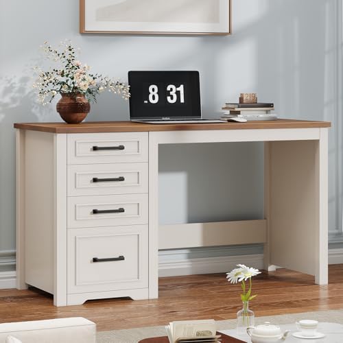Vabches Farmhouse 49” Executive Desk with File Drawer, White Brown | 4 Drawers Reversible Computer Desk with Storage, Rustic Home Writing Workstation for Home Office - color: 49in White Brown
