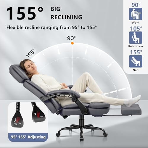 Office Chair with Foot Rest 400lbs, Heavy Duty Executive Leather Office Chair for Heavy People,Big and Tall High Back Ergonomic Comfy Office Desk Chair with Lumbar Support,Grey - color: Grey