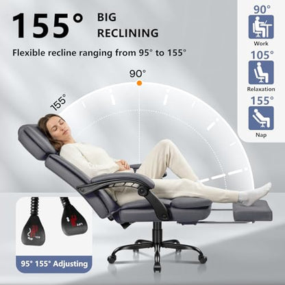 Office Chair with Foot Rest 400lbs, Heavy Duty Executive Leather Office Chair for Heavy People,Big and Tall High Back Ergonomic Comfy Office Desk Chair with Lumbar Support,Grey - color: Grey