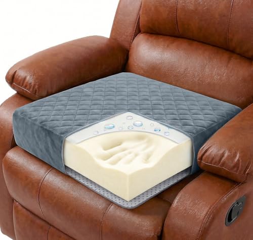 Medium-Soft 20x20x5 Memory Foam Recliner Chair Seat Cushion for Long Sitting - Armchair Pad with Washable Velvety Cover with Waterproof Layer & Non-Slip Base for Seniors & Elderly - Gray - color: Gray, size: 20x20x5"