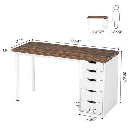 Tribesigns Computer Desk with 5 Drawers, 47 inches Rustic Brown Home Office Desk with Storage, Modern Simple Laptop Desk Study Writing Table for Small Spaces (Brown+White) - color: Brown+white