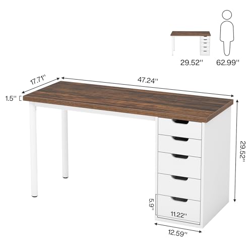Tribesigns Computer Desk with 5 Drawers, 47 inches Rustic Brown Home Office Desk with Storage, Modern Simple Laptop Desk Study Writing Table for Small Spaces (Brown+White) - color: Brown+white
