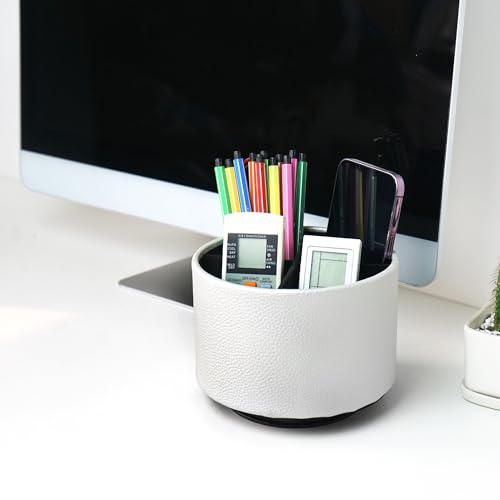 Round Leather Art Supply Organizer,Remote Control Holder,360 Degree Spinning,Multi-Functional Pencil Holder,4 Compartments Desktop Stationary Organizer(1-Lichee Silver) - color: 1-Lichee Silver