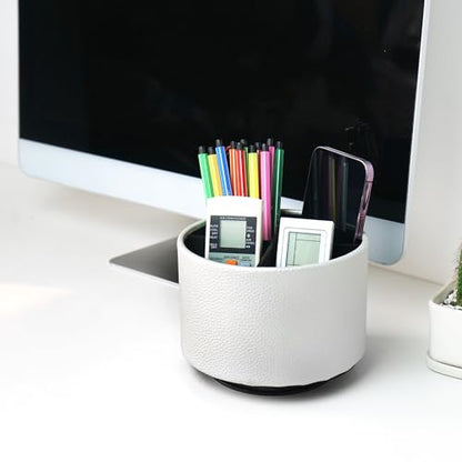 Round Leather Art Supply Organizer,Remote Control Holder,360 Degree Spinning,Multi-Functional Pencil Holder,4 Compartments Desktop Stationary Organizer(1-Lichee Silver) - color: 1-Lichee Silver