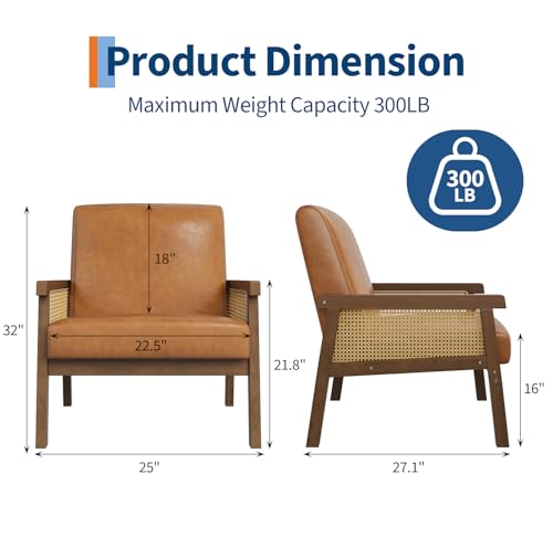 Garvee PU Leather Accent Chair, Rattan Armchair with Wooden Frame, High Back, Upholstered Reading Chair Leisure Chairs for Living Room Bedroom Waiting Room Reception, Brown - color: Pu Leather, Brown
