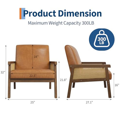 Garvee PU Leather Accent Chair, Rattan Armchair with Wooden Frame, High Back, Upholstered Reading Chair Leisure Chairs for Living Room Bedroom Waiting Room Reception, Brown - color: Pu Leather, Brown