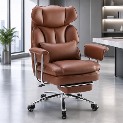 Executive Ergonomic Office Chair for Adults, Home Office | PU Leather, High Back Reclining Gaming Chair with Footrest and Lumbar Support, Height Adjustable Rolling Swivel, Brown - color: Brown