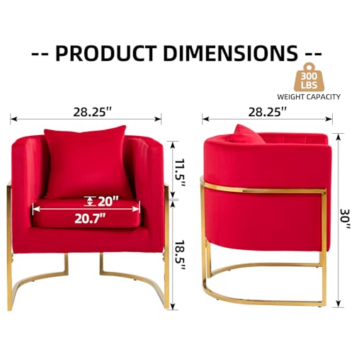 Velvet Accent Barrel Chairs Set of 2, Modern Arm Club Chair Set with Pillow for Living Room/Bedroom/Guest Reception, Channel Tufted, Gold Finish Base, Red - color: Red, size: 2 PCS