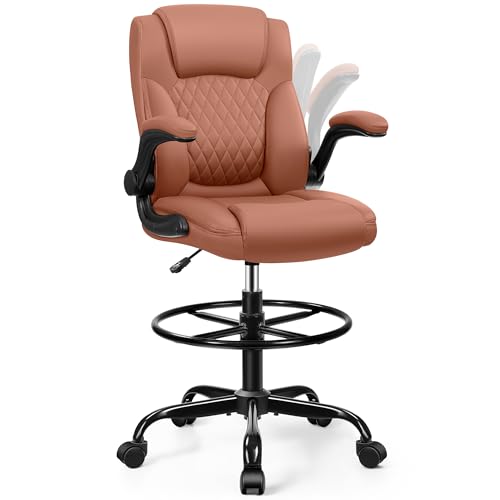 Drafting Chair, Tall Office Chair for Standing Desk, High Executive Leather Ergonomic Computer Chair with Adjustable Height and Flip-Up Armrest for Counter Height Desk, Brown, Pack of 1 - color: Brown