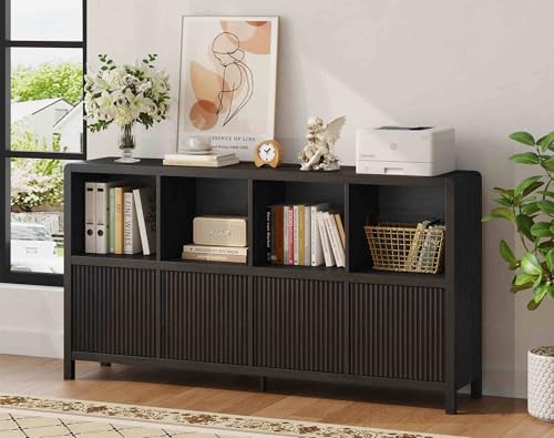 8 Cube Storage Organizer Bookshelf with 4 Doors, Low Horizontal Bookcase with Storage, Long Wood Book Shelf for Dining, Home Office (Black) - color: Black With 4 Doors